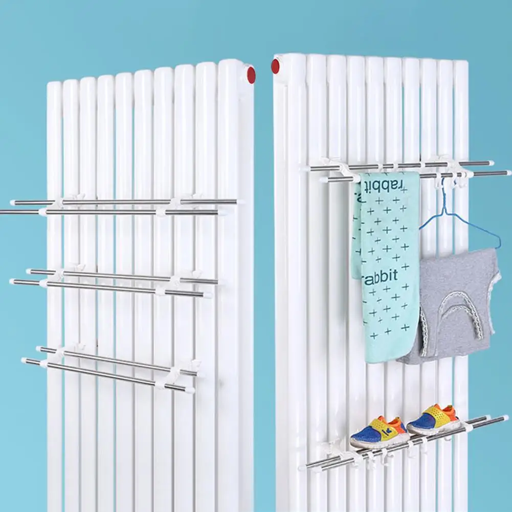 Multi-Purpose Rack Double Pole Radiator Towel Rail Supports Up To 40 Kg 6 Hooks Included Efficient Vertical Space Utilization