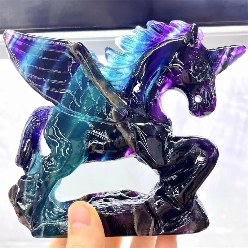 Natural Rainbow Fluorite Unicorn Statue Carved Healing Crystal Reiki Figurine Quartz Gemstone Animals Ornament Gift 1pcs