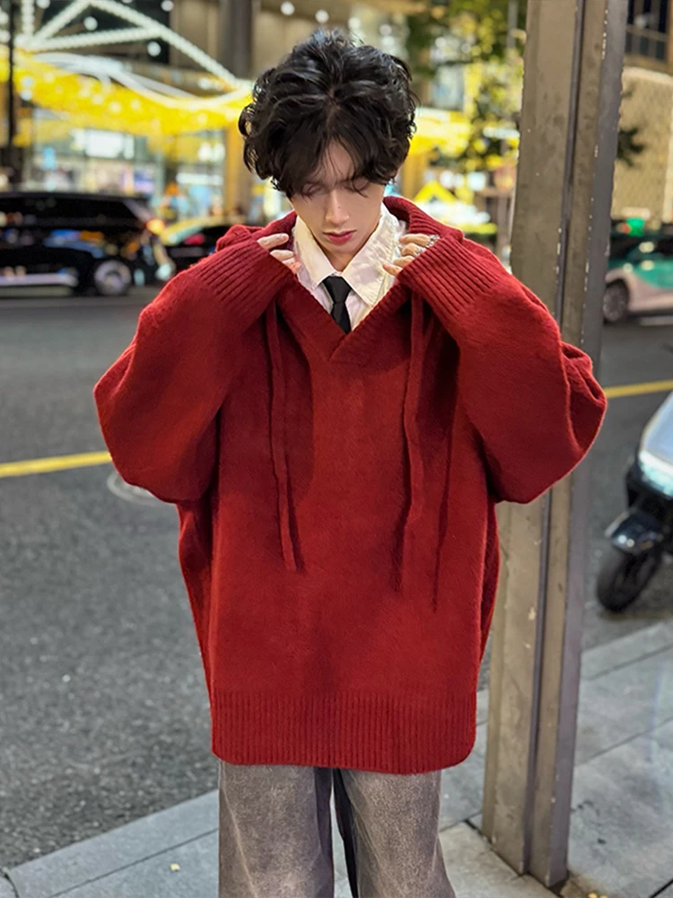 

Красный вязаный свитер-худи мужской осенне-зимний, в стиле кэжуал, премиум-класса, с символикой китайского зодиака, парный, в американском ретро-стиле