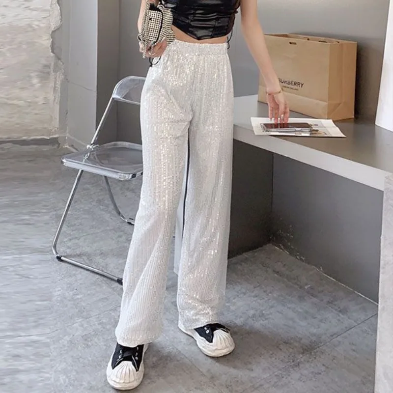 Personalized Sequin Straight Pants, Shiny Wide-Leg Pants, Floor-Mopping Pants, European Station, Spring, New, 2024