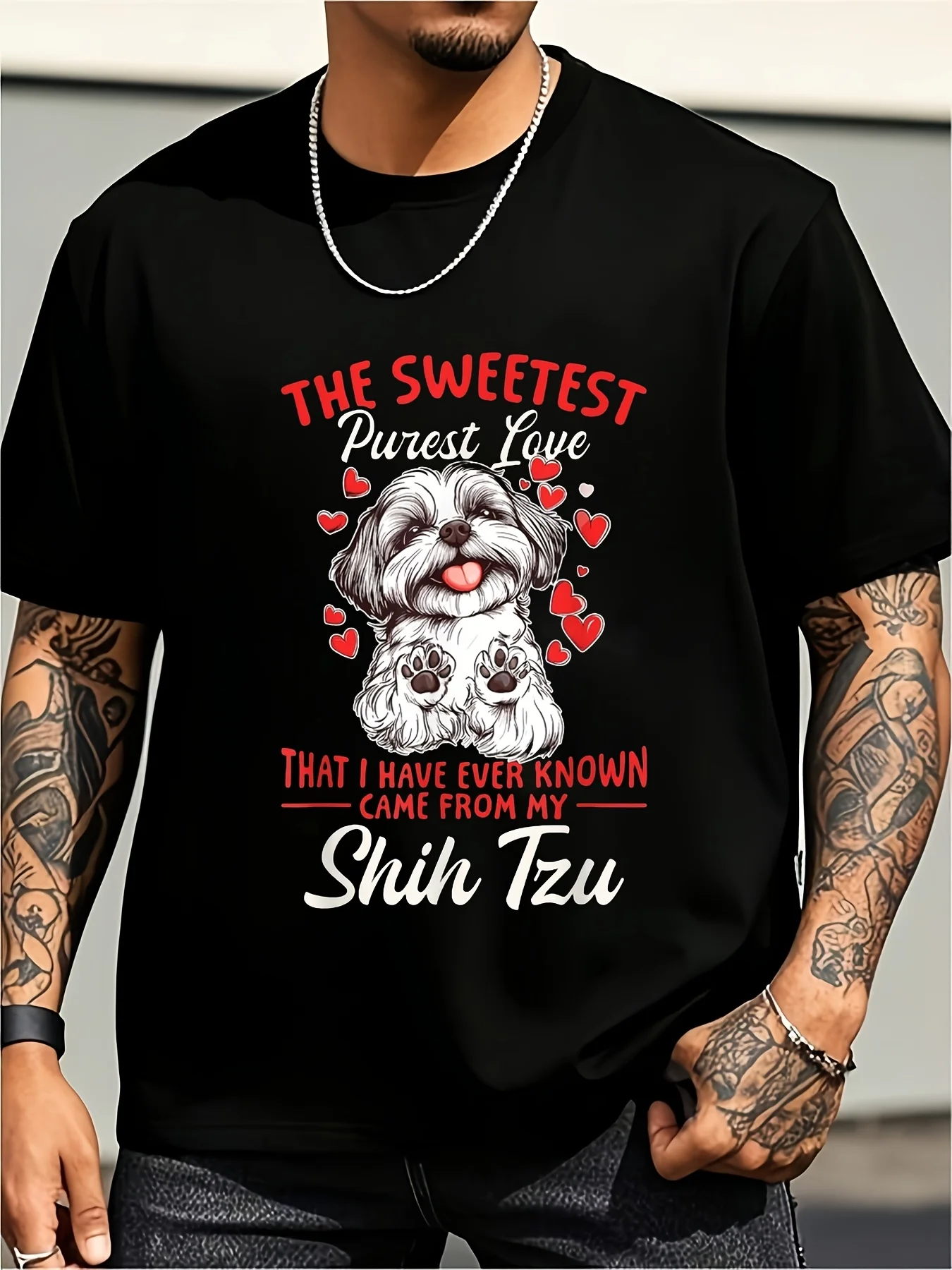Westie Dog Owner T-Shirt, Vintage Round Neck, Slightly Stretchy Fabric, Regular Fit, Suitable for All Seasons, Adult-Friendly, Features Heart-Filled Pattern Print, Large Size Vintage Casual Round Neck Printed T-Shirt, Unisex, Plus Size