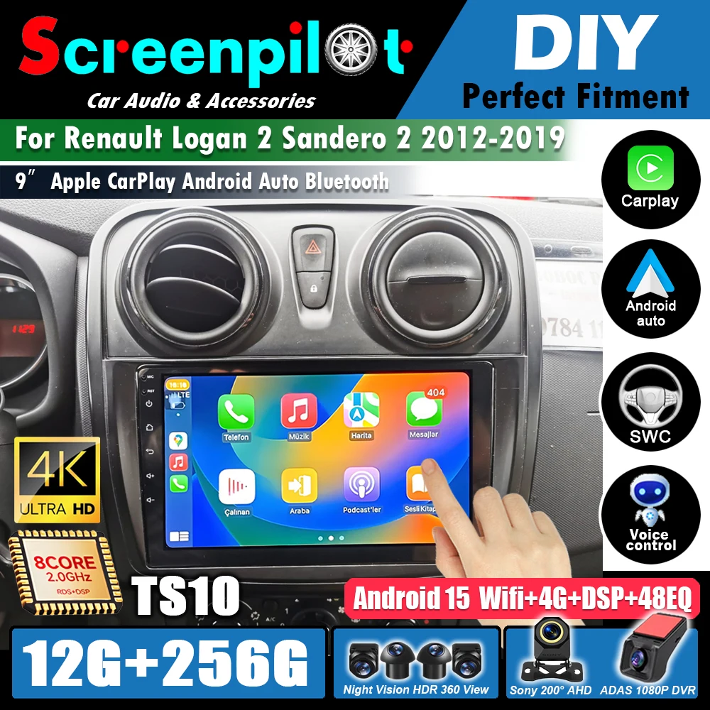 Rádio do carro android auto carplay para renault logan 2 sandero 2 2012 - 2019 reprodutor de vídeo multimídia wifi navegação gps estéreo 5g
