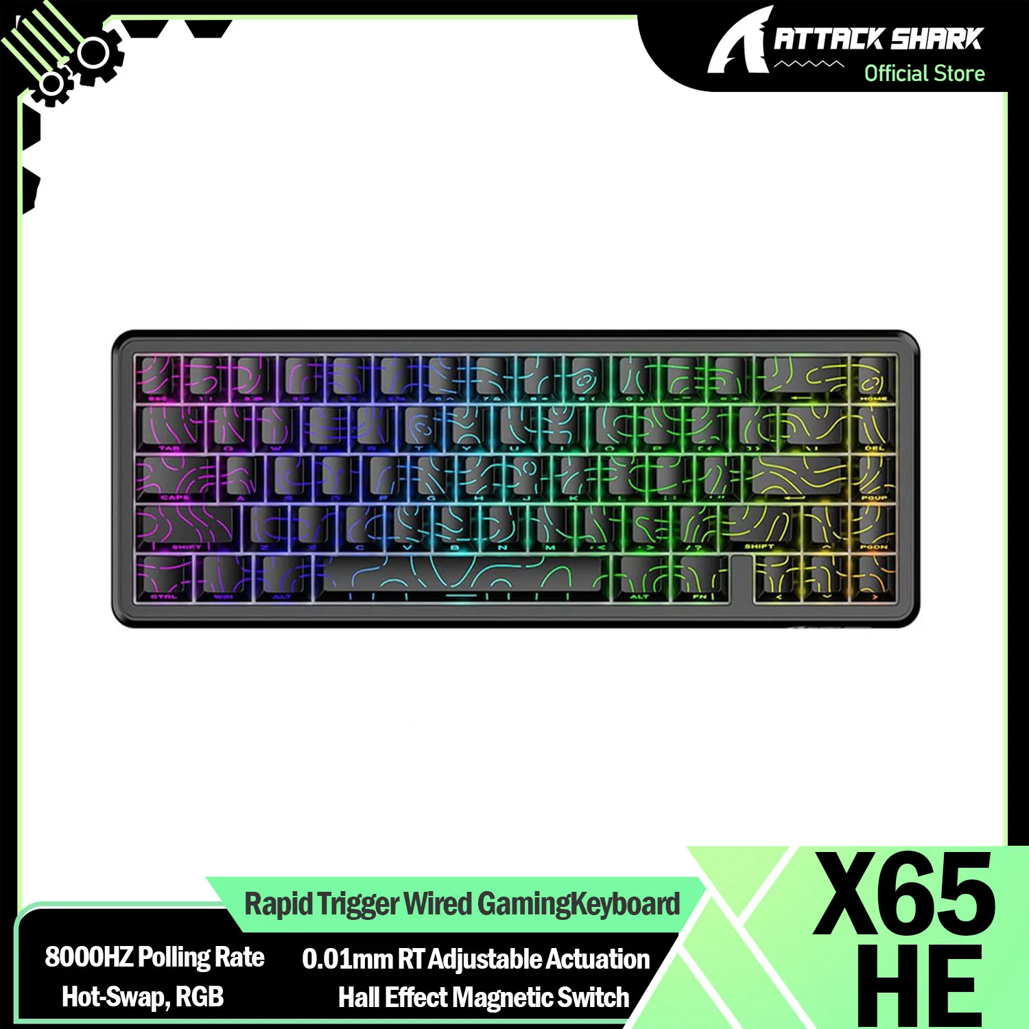 

ATTACK SHARK X65 HE 65% Проводная клавиатура с магнитным переключателем, скорость отката 8000 Гц, точность 0,01 мм RT, колпачки для клавиш PBT, драйвер QMK, RGB