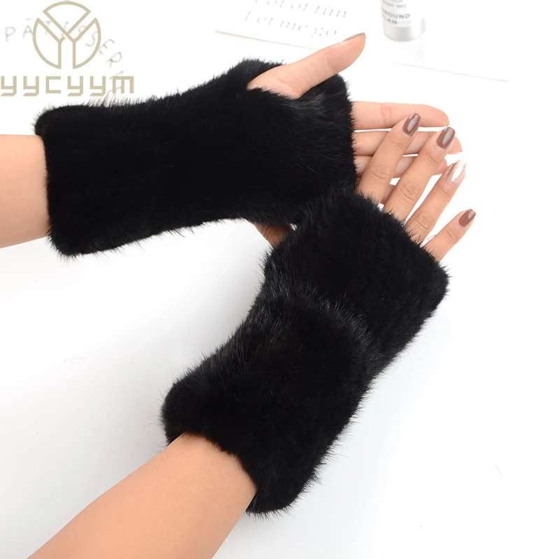 2024 New Brand Style Top Quality Women's 100% Winter Warm Real Mink Fur Knitted Half Finger Gloves Girls Typing Mittens