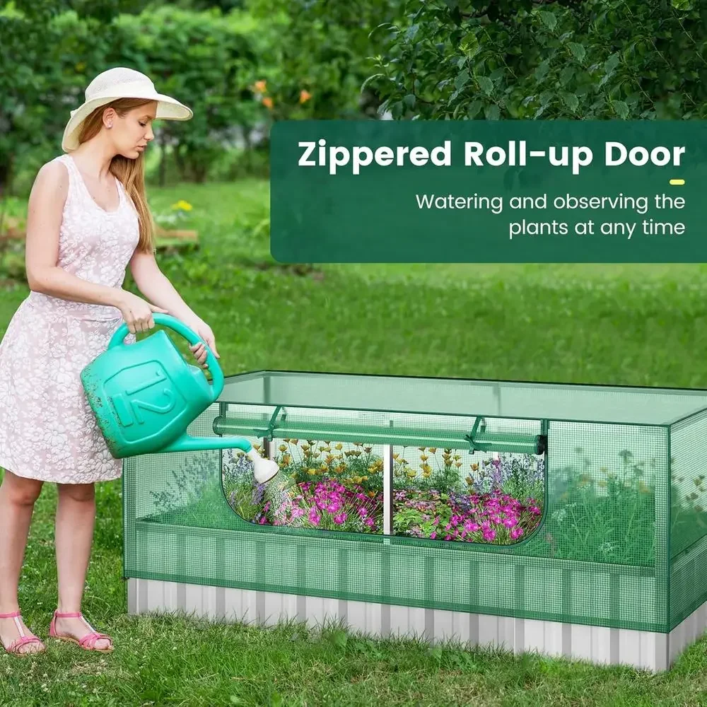 Raised Garden Bed Cover, 69 x 36 x 28, Roll-up Window Planter Box, Gloves & 8 Tags for Outdoor Planting
