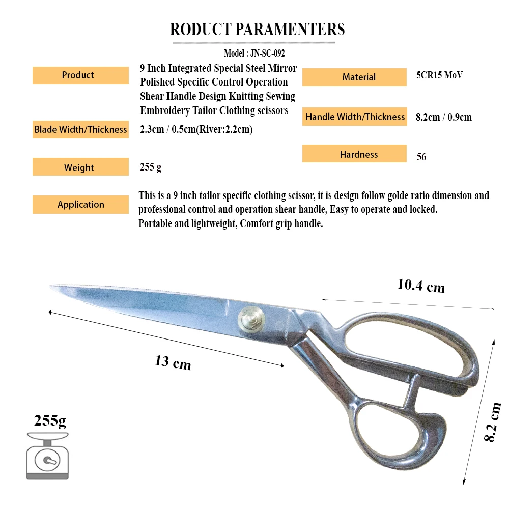 Jincrafsman®-9 pollici integrato lucidato a specchio Proffestional cucito manico a cesoia ricamo a maglia forbici per abbigliamento su misura