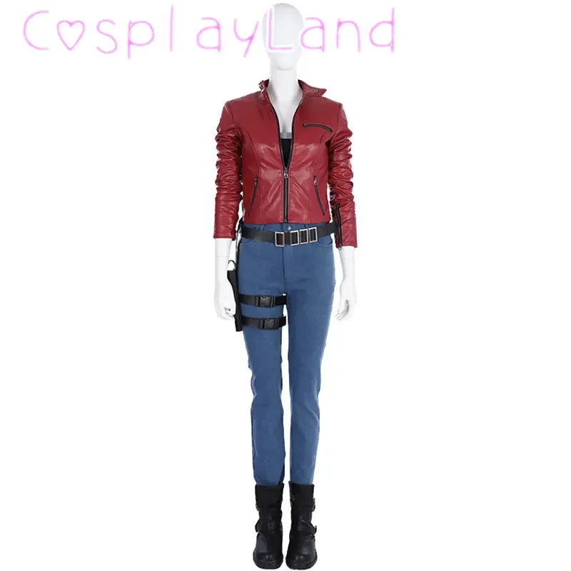 

Game RE2 Claire Cosplay Costume Halloween Masquerade Outfit With Accessories Red Leather Coat Women Complete Suit Claire Cosplay