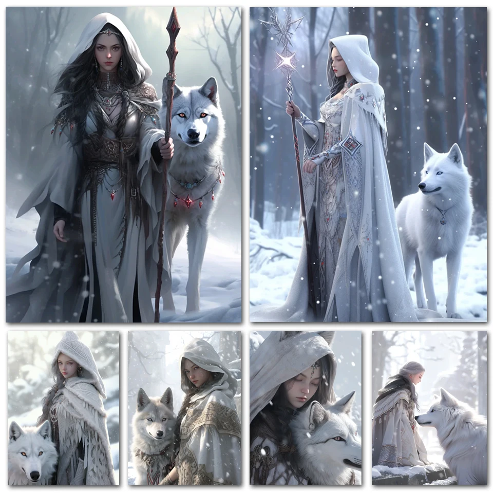 

New Diamond Painting Woman Snow Wolves Full Drill Mosaic Arts Diy Rhinestone Embroidery Animals Girl Picture Wall Decor