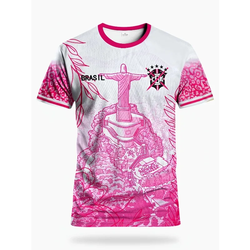 2026 New Brazil Rio Christ Statue 3D All Over Print Pink Leaf Jersey Quick Dry Breathable Unisex Short Sleeve Casual Sports Top
