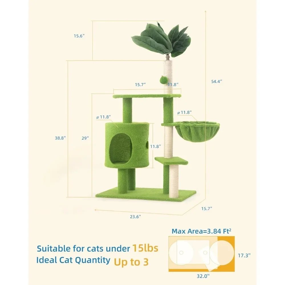 Imagem -06 - Árvore para Gatos Condomínio Cozy e Hammock Cat Tower Folhas Verdes Pendurado Bola com Bell Gatinhos Pet 38in