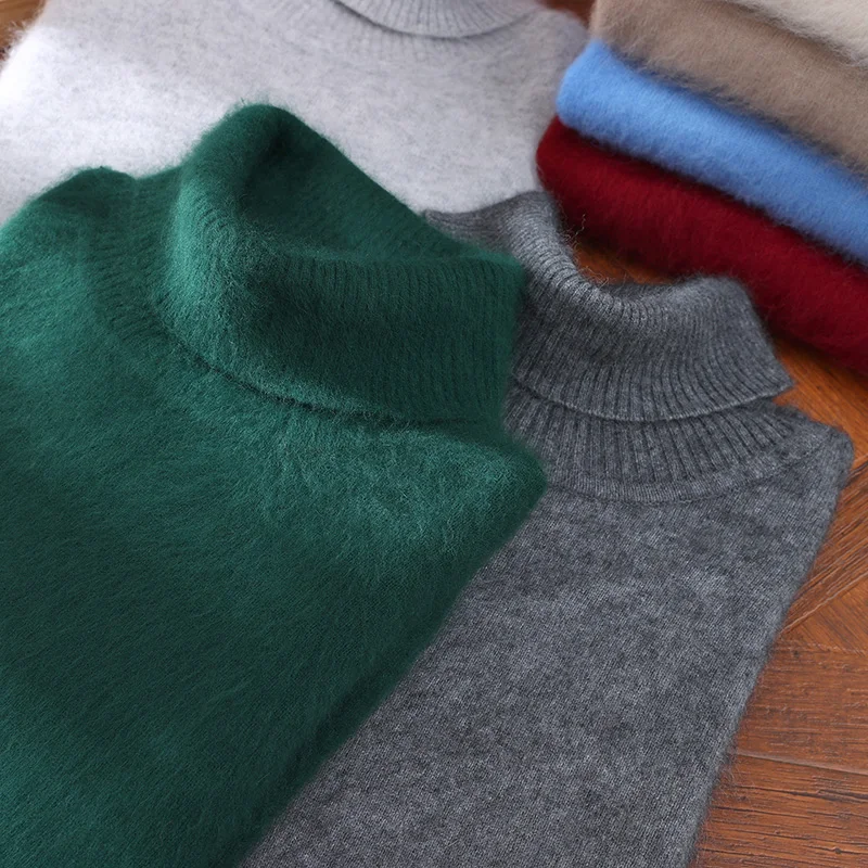 Fall/Winter Turtleneck 100% Pure Mink Cashmere Sweater Men's Loose Lapel Thick Sweater Knitted Solid Color Bottoming Shirt