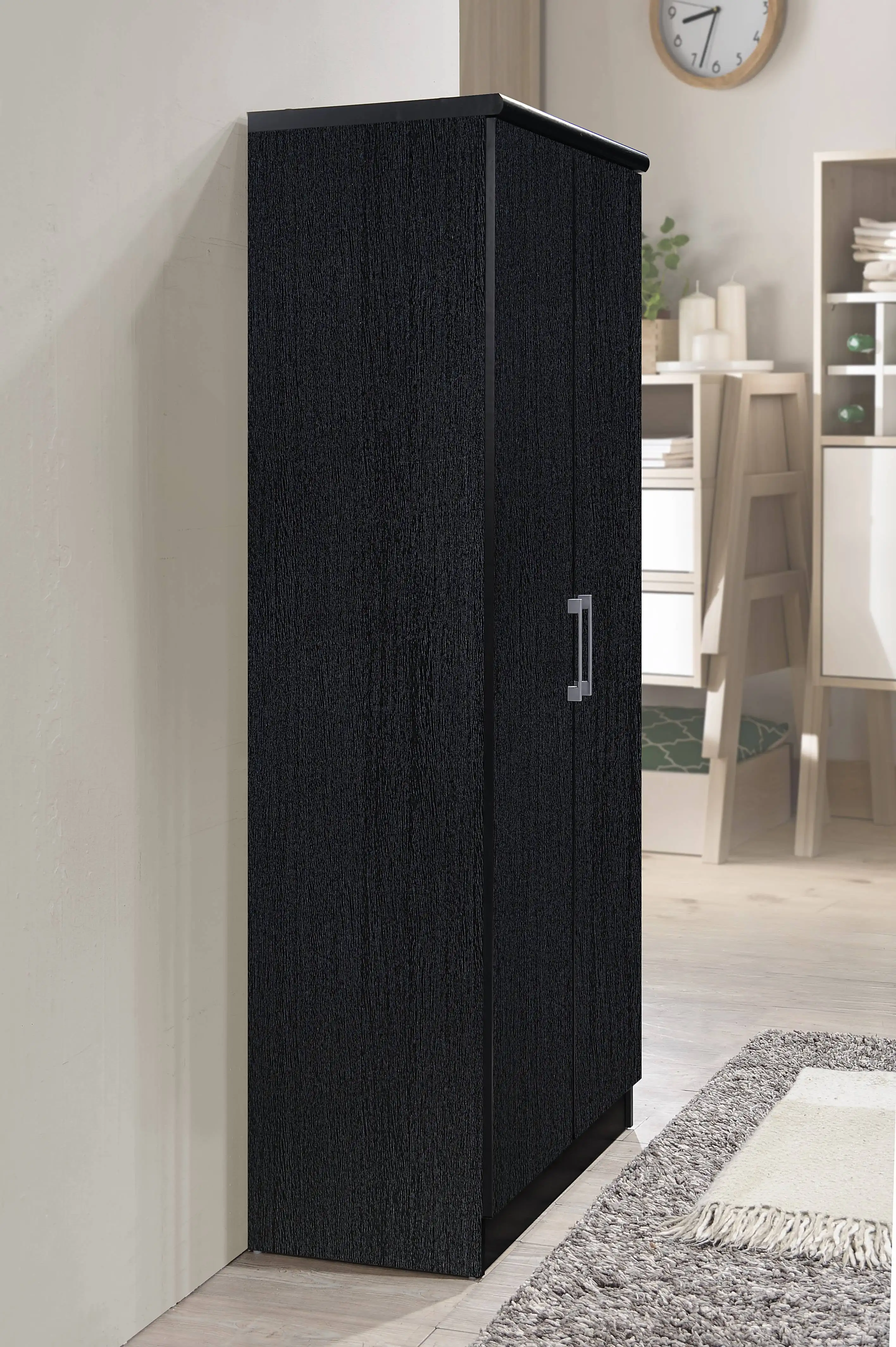 2 - Door Wardrobe with 4 - Shelves  Black Made of strong and durable quality wood Two-door wardrobe Stylish modern style