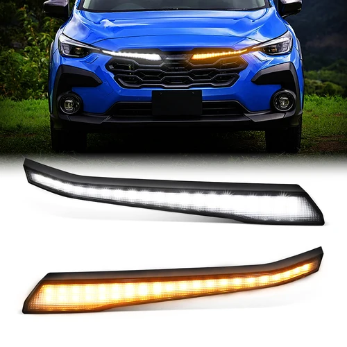 車のグリルライトスバル Crosstrek 2023 2024 2025 デイタイムランニングライト LED DRL ウインカーフロントバンパーランプ白黄色