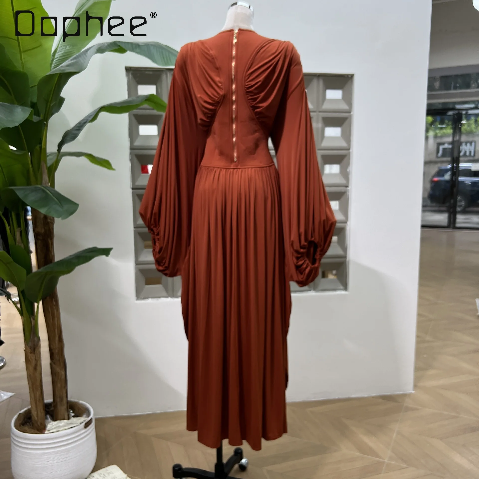 European American Women Clothing Fashion Bat Long-sleeved High-waisted Dress High-end Elegant Mid-length Dress Evening Dresses