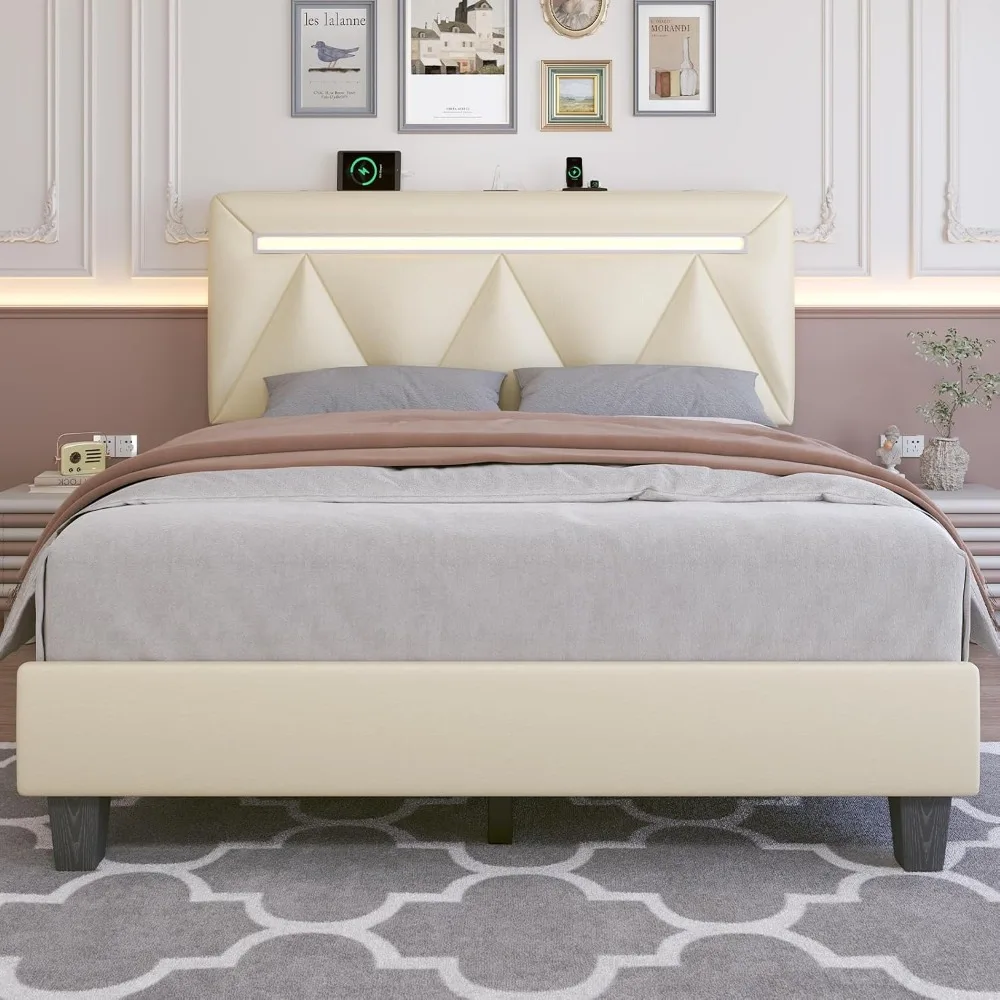 هيكل سرير بحجم كوين مع مكبر صوت بلوتوث، وأضواء LED ومحطة شحن، ولوح رأسي قابل للتعديل من قماش الكتان والجلد الصناعي، #1
