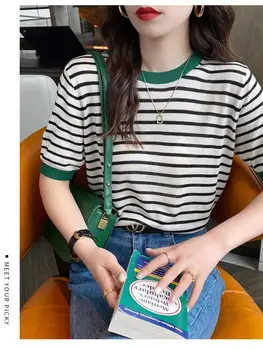 2026 Stripe Tops Women Knitted Round Collar Summer Print Short Sleeve Casual Simple Wild T-Shirt 1