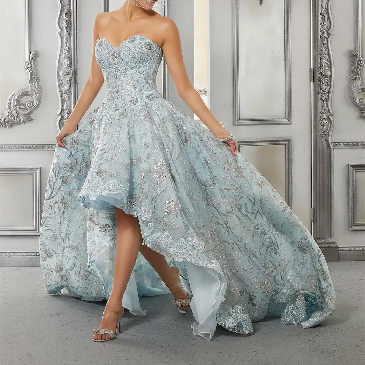 Quinceanera Dress Bandeau Champagne Blue Gray Sequin Lace Ball Three Piece Set Detachable Elegant فساتين للحفلات الراقصة