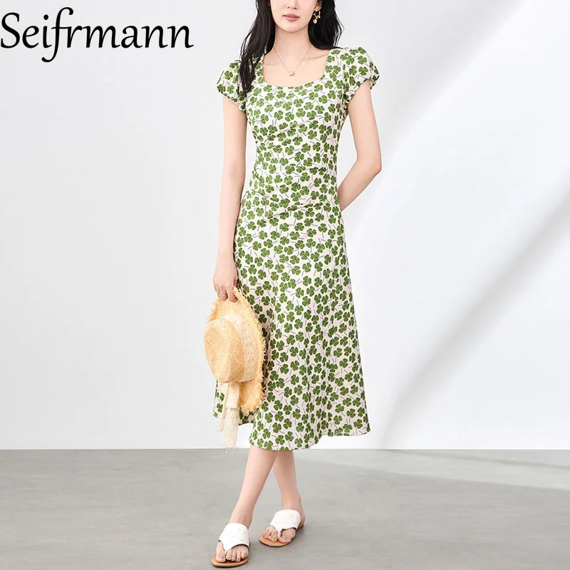 

Seifrmann Simple Print Beach Vacation Style Women's Dress Square-Neck Short Sleeve High Waist A-Line Dresses