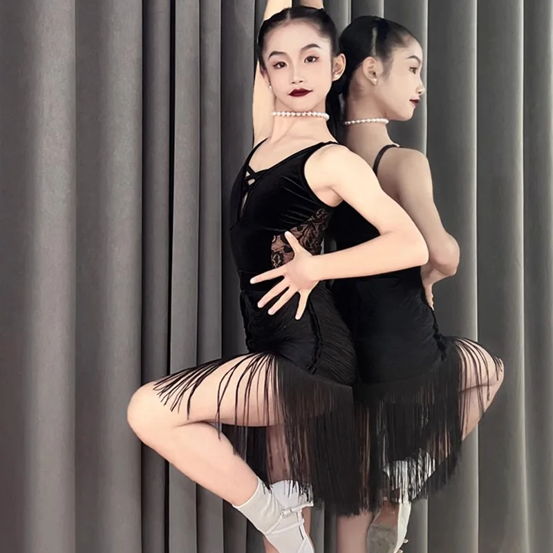 2025 أطفال ملابس رقص اللاتينية الفتيات الأسود الدانتيل هامش فستان تشا تشا رومبا السامبا الرقص المنافسة الملابس فستان رقص اللاتينية