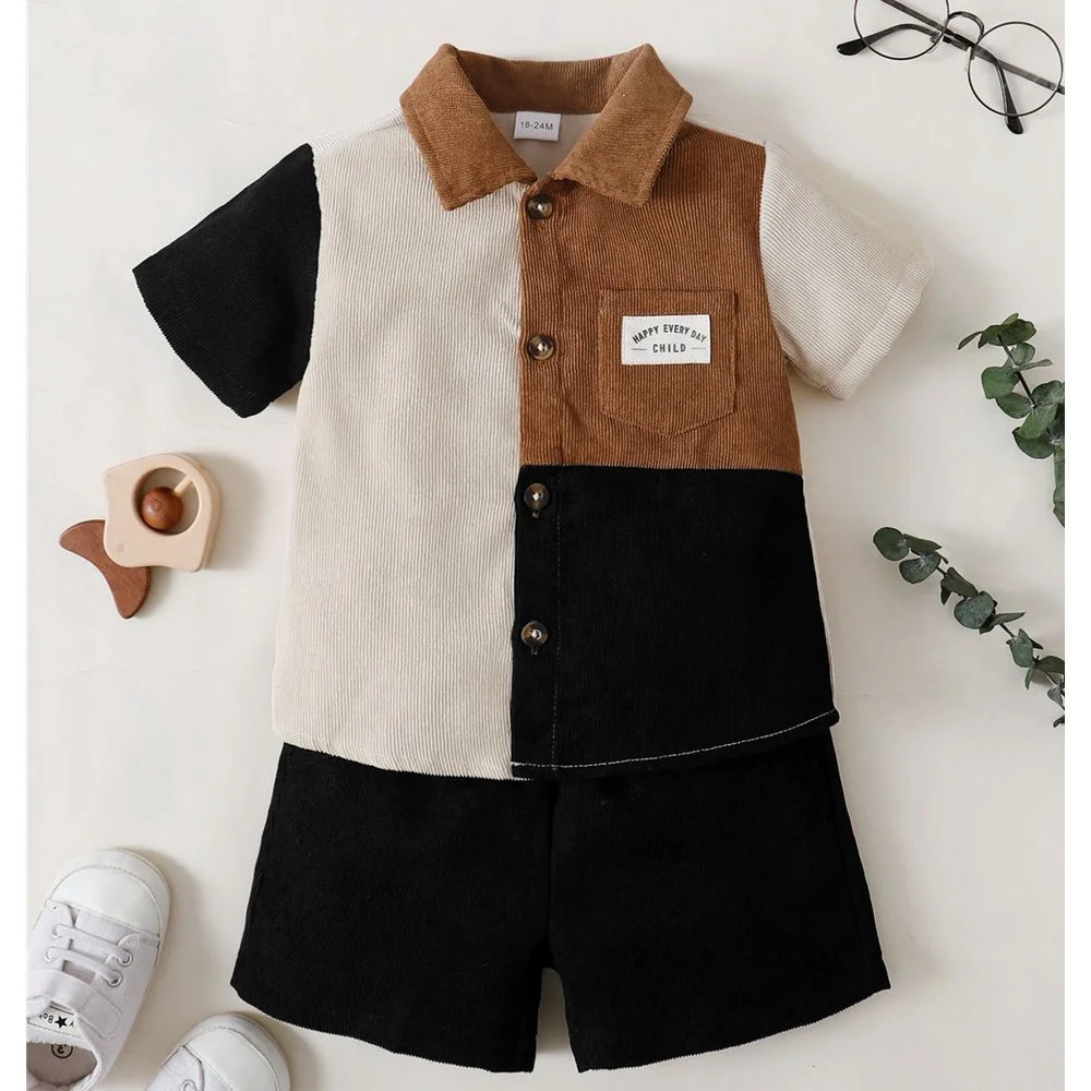 1-6 Years Kids Boy 2PCS Suit Color Blocking Shirt+Solid Color Shorts Handsome All Match Wear Summer Daily Clothes for Boy