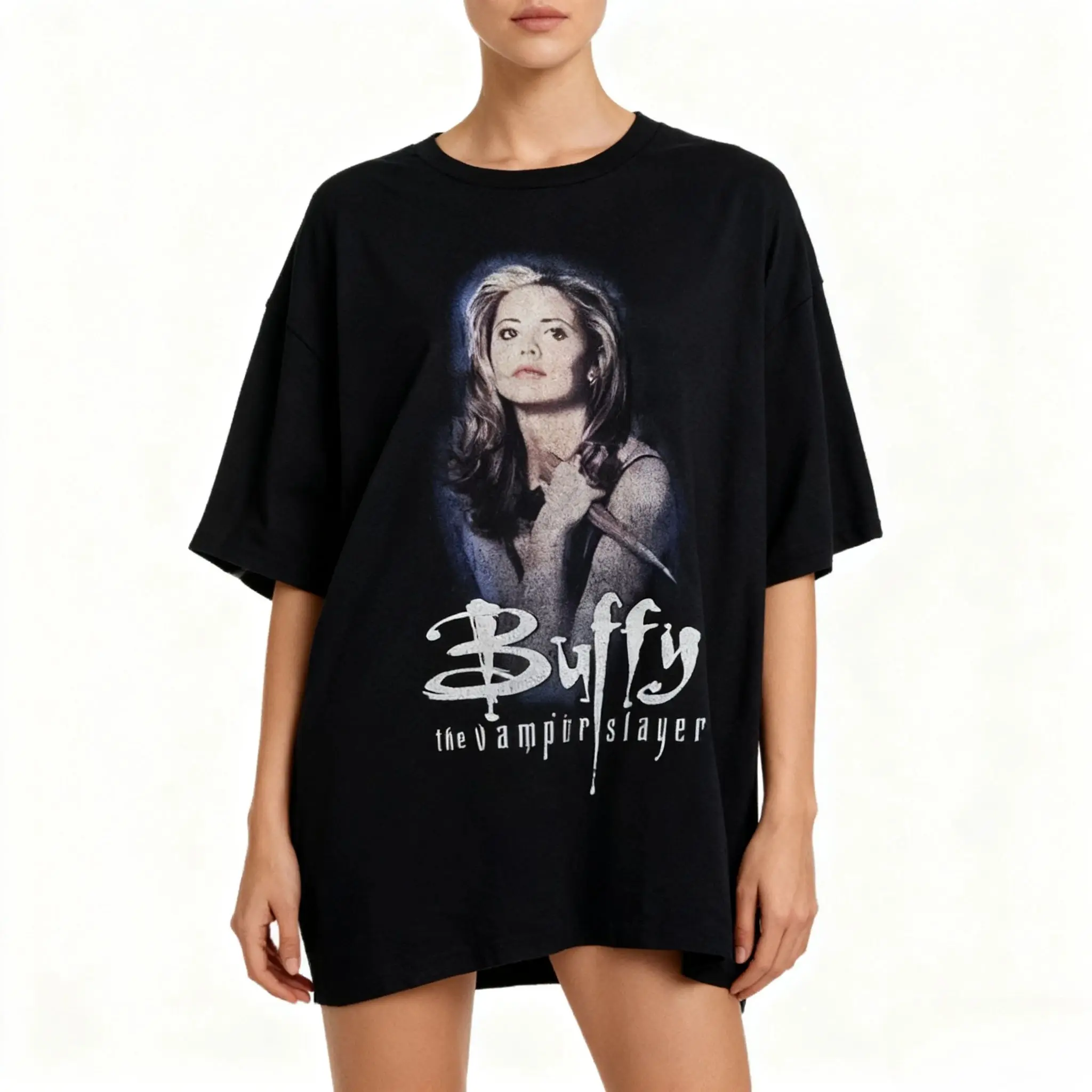Y2k Streetwear Vintage Vampire Hunter Buffy Themed Print Tops Casual Loose Fashion Streetwear High Street O Neck Tees Unisex