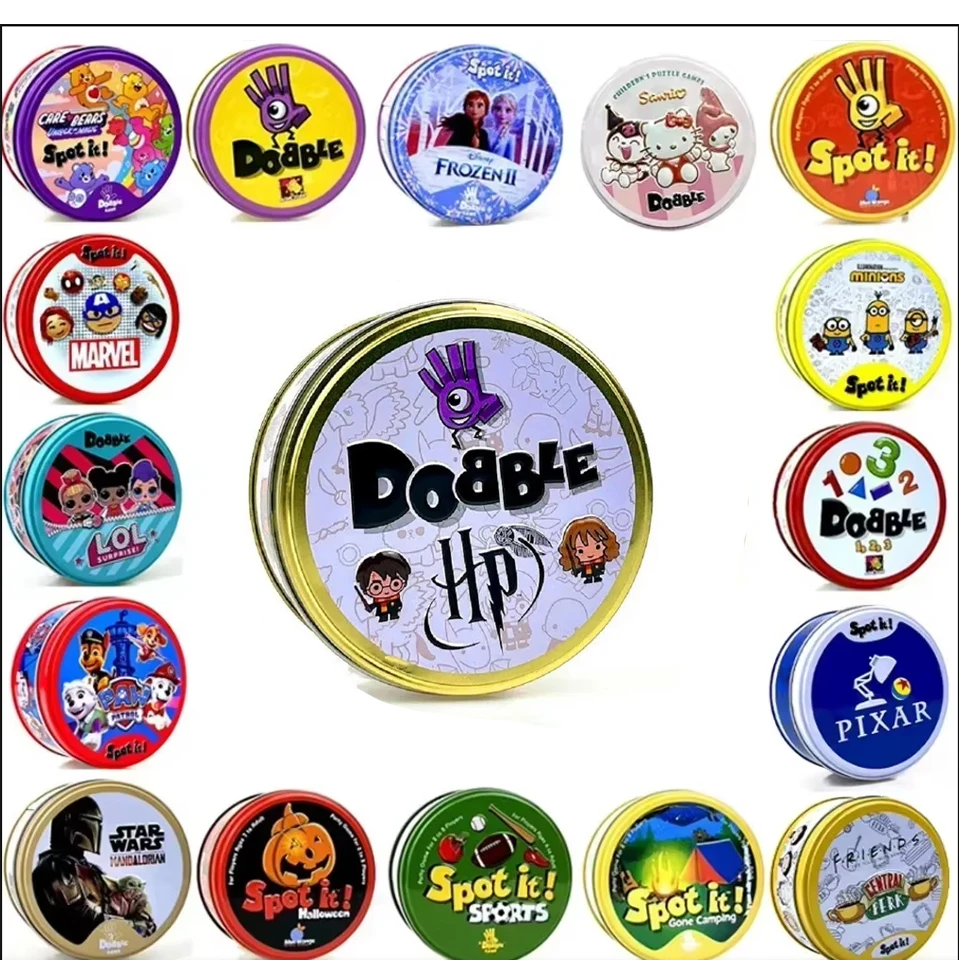 Hot 22Styles Double juego Card Dobble Card Game Table Board Game for Dobbles Kids HP Metal Box Card Matching Toys for Childrens