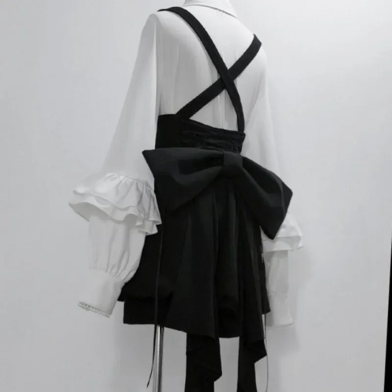 2026 صيف جديد قطعتين مجموعات خمر أنيقة التلبيب الرقبة طويلة الأكمام لوليتا قميص المرأة + Y2k عالية الخصر القوس حزام السراويل