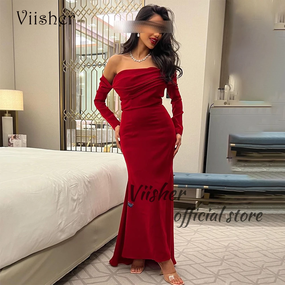 

Viisher Red Satin Mermaid Evening Dresses with Sleeve Strapless Wedding Party Dress for Women Arabian Dubai Formal Prom Gown