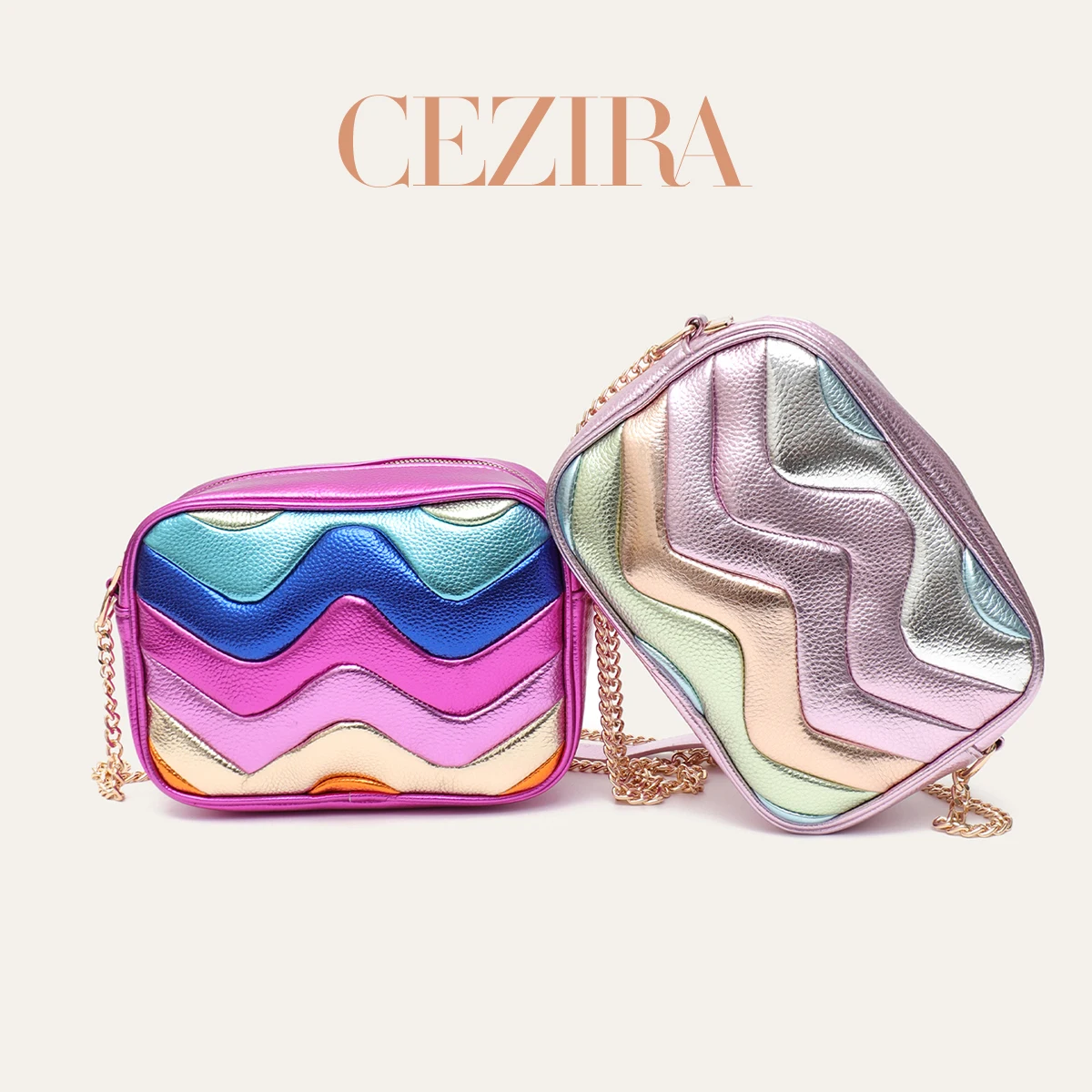 Luxury Bags Vegan - กระเป๋าถือวีแกน PU ทรงสี่เหลี่ยมสีสันสดใส ลายคลื่น สายสะพายยาว กระเป๋าสะพายข้างผู้หญิงสุดหรู