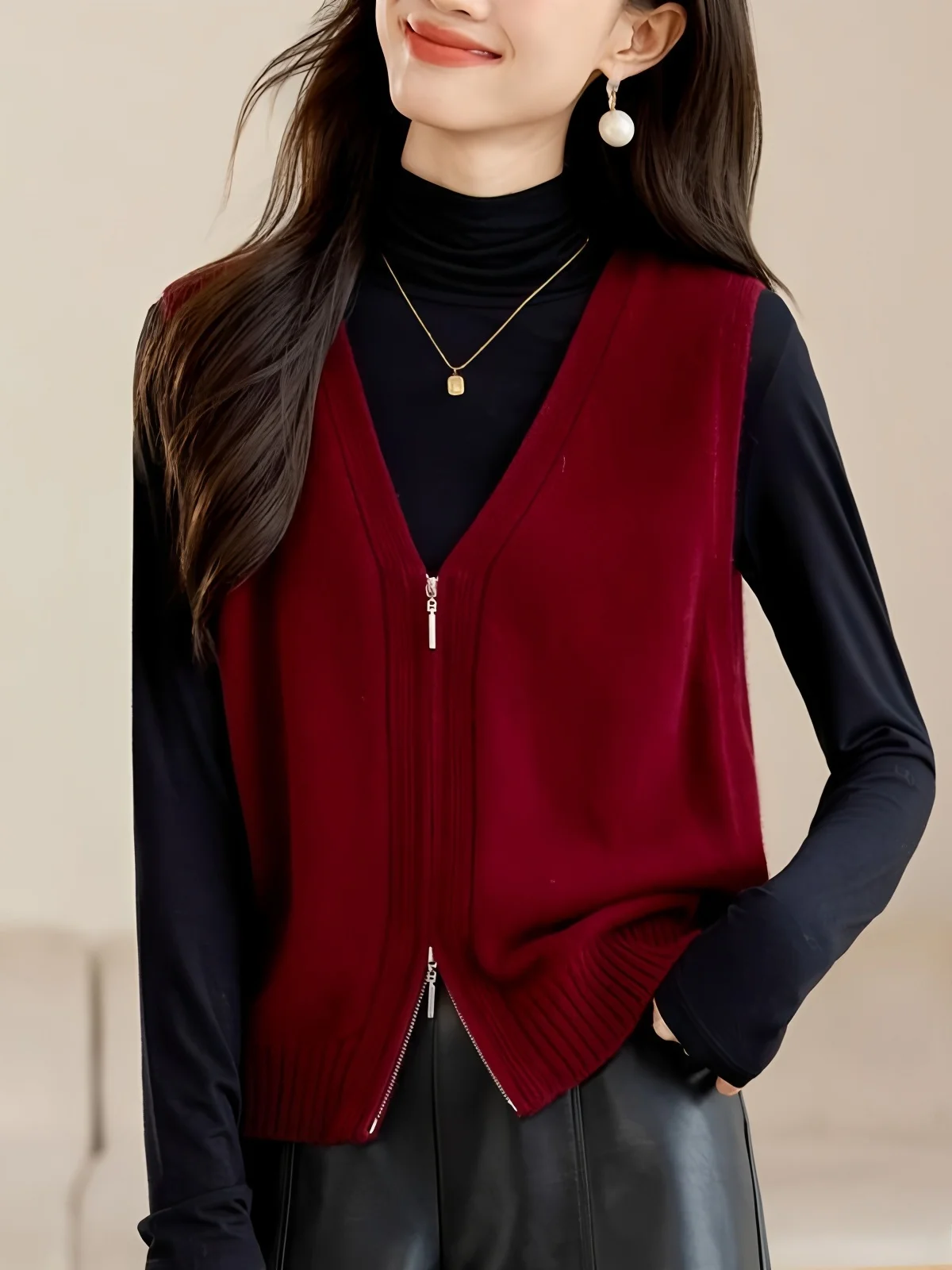 

Simple Sle Knitted Vest Women's Spring Autumn New V-Ne Zipper Red Vest Outerwear Layering Top Svel