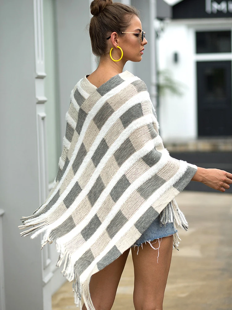 Fringe Bohemian Poncho Femme Winter Knitted Clothing Plaid Irregular Oversize Cape Loose Vintage Sweater Jumper 2023