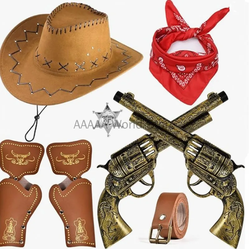 Cowboy Costume Accessories Cowboy Hat Bandanna Toy Guns with Belt Holsters Cowboy Set for Halloween Party Dress Up Six Piece Set