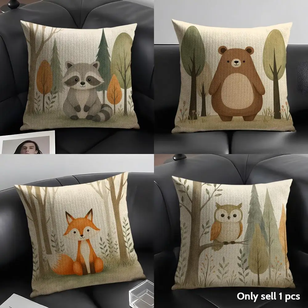 Woodland Animals Bears Foxes Cushion Cover Natural Linen Organic Fabric Double Sided Print Sofa Pillow Case Home Decor Gift