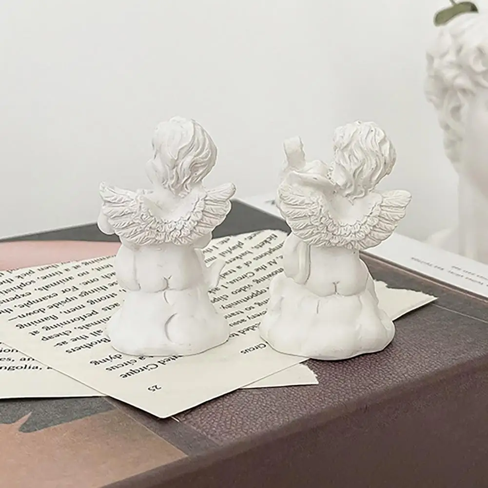 Cupid Decoration Small Cupid Statue 2 Pcs Mini Cupid Figurine Set Small Resin Cherubs Playing Musical Instruments White for Home