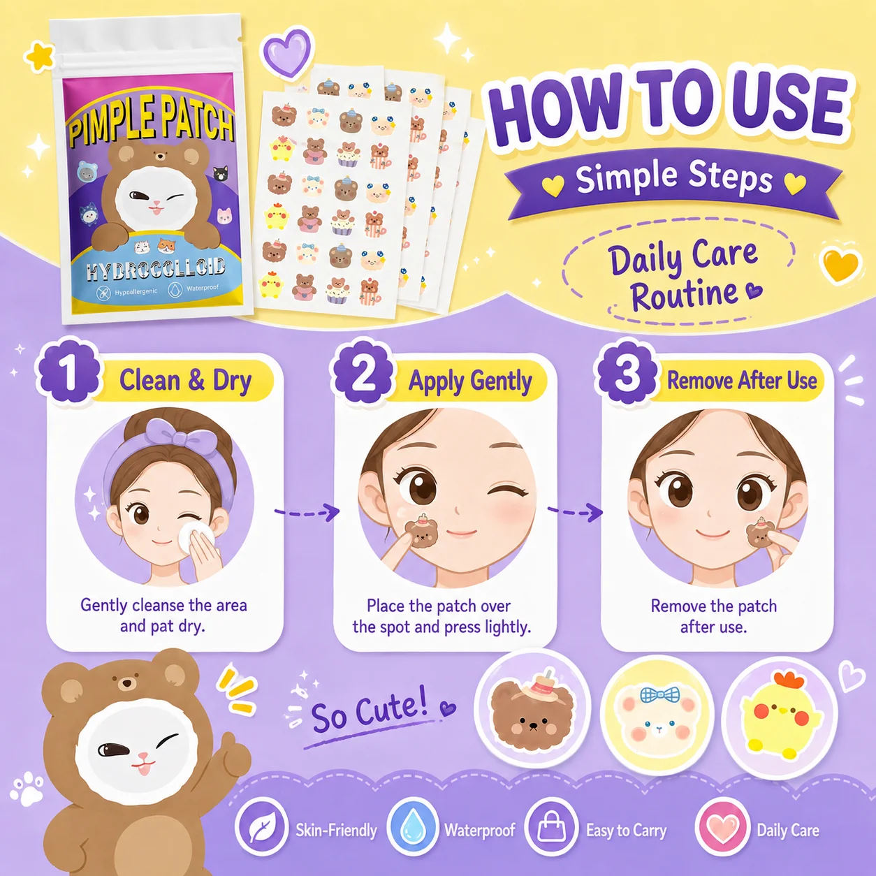 100PCS Cartoon acne patch, cute cat-shaped facial concealer acne patch, safe, non-toxic, gentle and non-irritating