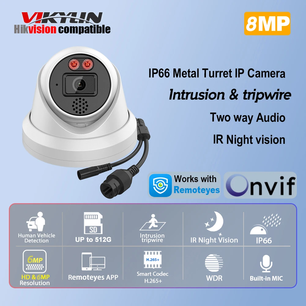 Vikylin 8MP IR Night Vision IP Camera Human Car Detection 2-way Talk Outdoor Security Video Surveillance