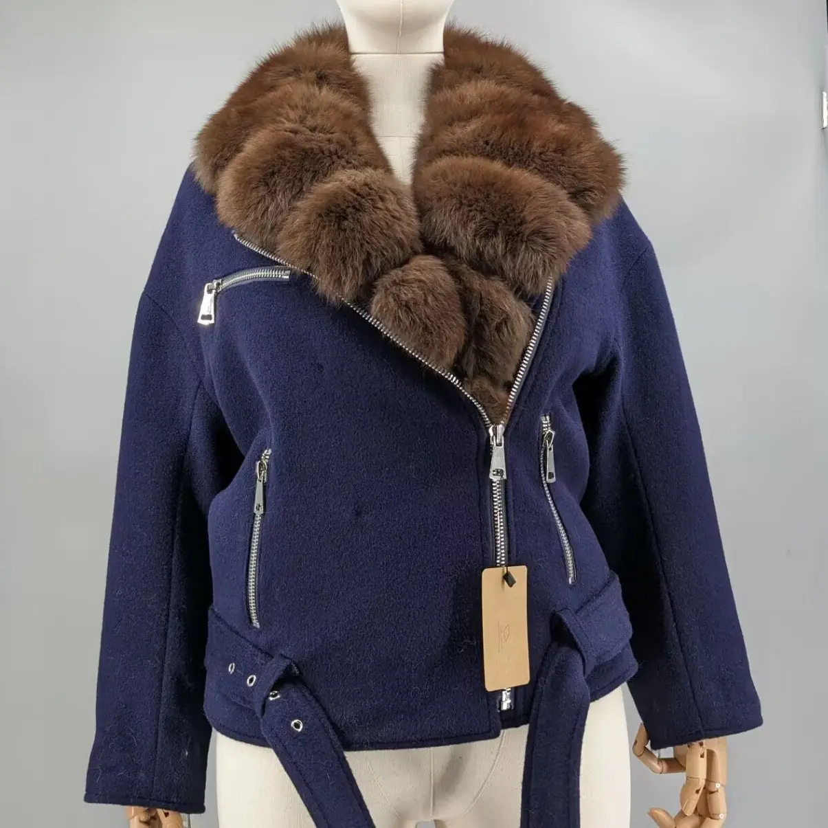 Women Navy Blue 100% Wool Biker Jacket Real Oversized Fox Fur Collar Belted Zip Pocket Short Wool Blend Moto Winter Outerwear416
