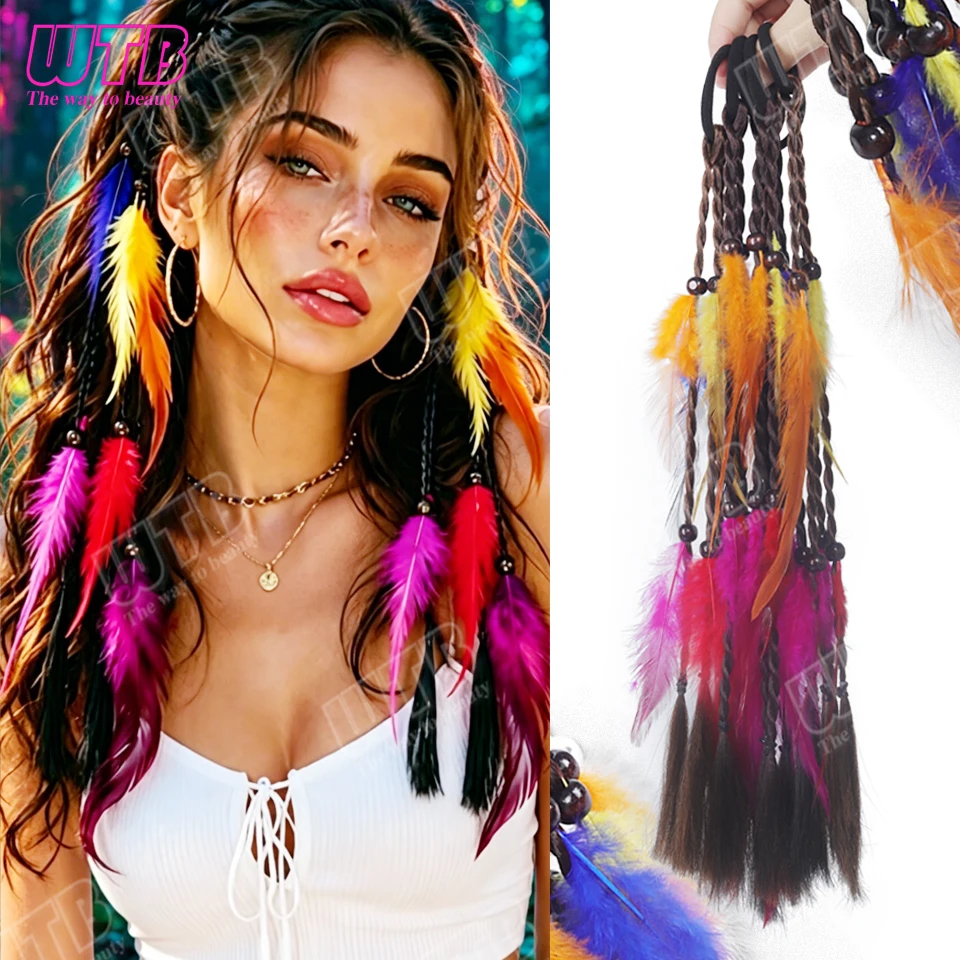 

WTB 2Pcs Braided Synthetic Wig Elastic Tie Ethnic Style Colorful Feather Braided Wig Suitable for Women to Wear on Holidays