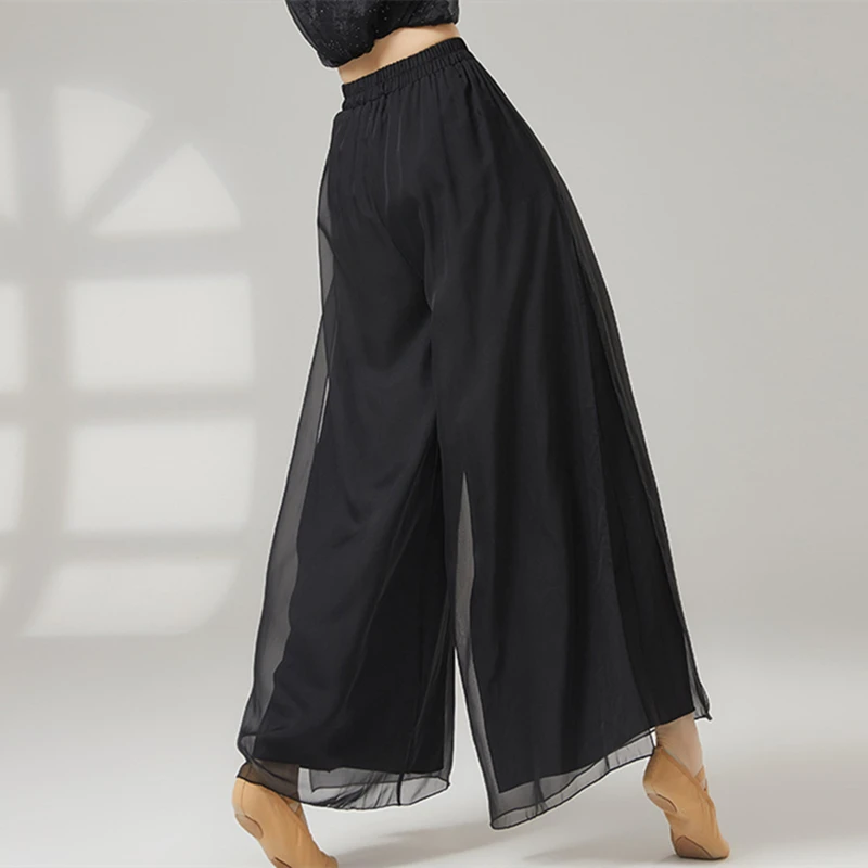 Klassieke dansbroek Dames Loose Fit Dubbellaags Zijsplit Chiffon Broek Wijde pijpen Broek Toneelkostuums Casual Lounge Wear
