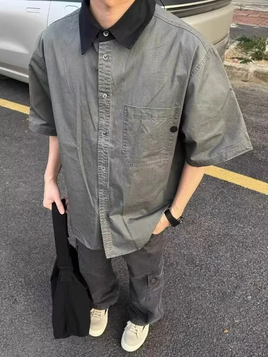 

Retro Japanese Sle Color Blo Workwear ort Sve irt Loose Casual ex Summer irt Simple Versatile Youth Faion
