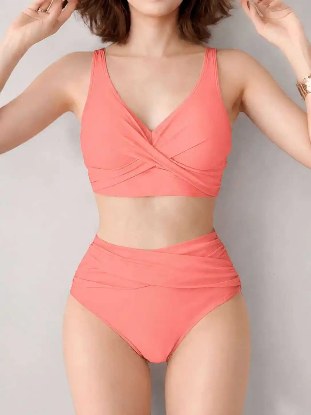 Sleeveless V Neck Bikini Set Women Ruched High Waist Two Piece Tummy Control Bathing Suits Solid Swimwear Beach Pool Vacation