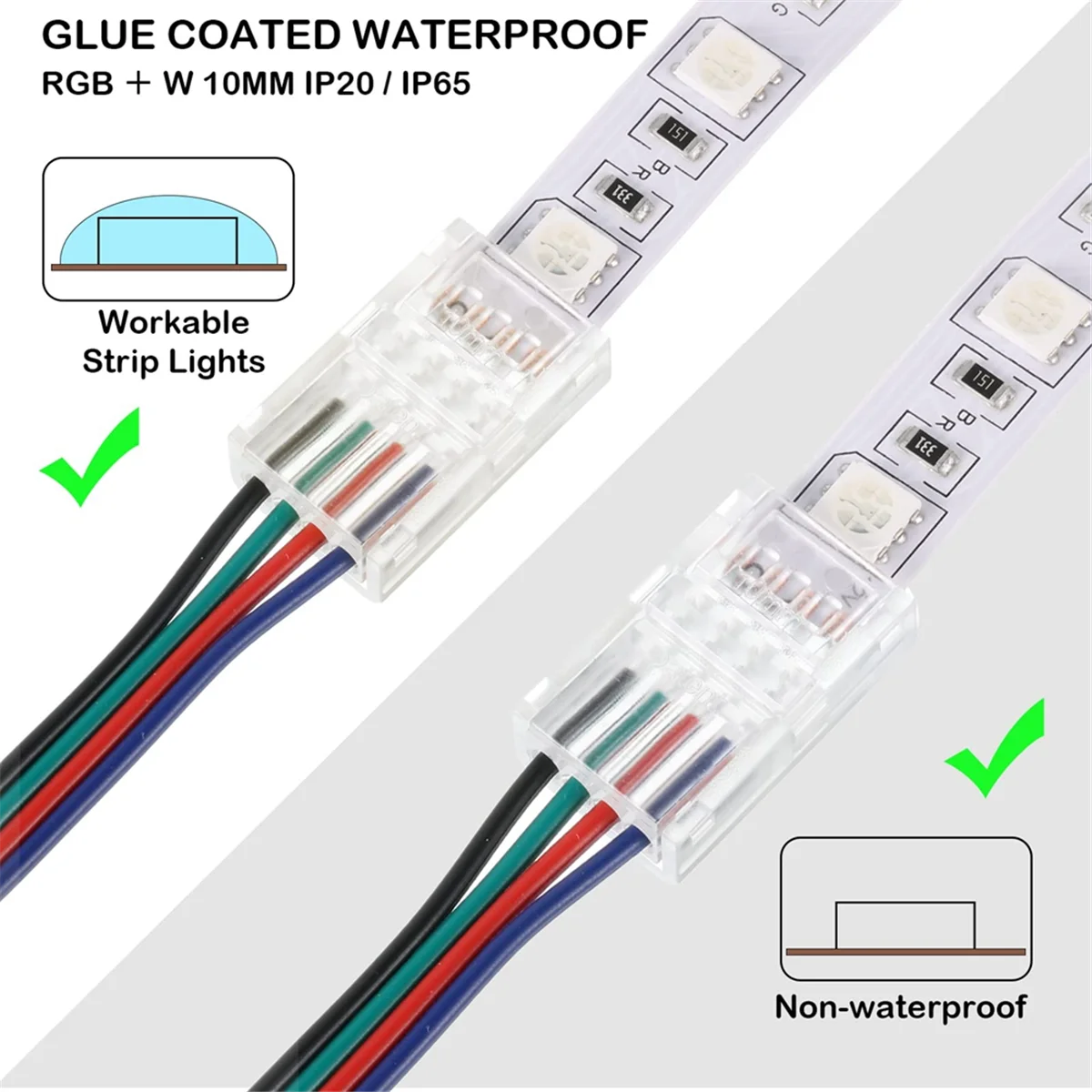 Impermeável LED Light Strip conectores, adaptador Solderless, 4 Pin, 10mm, 20 pcs