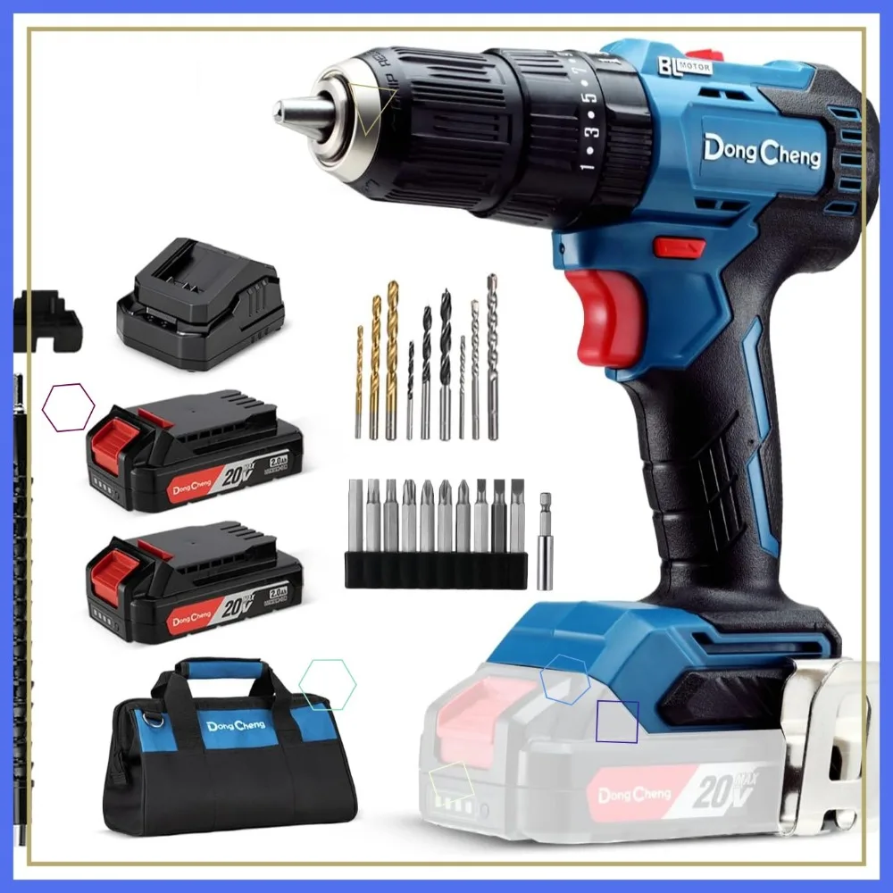 مثقاب عالي التحمل بدون فرش 20 فولت، عزم دوران 443 بوصة رطل، مثقاب مطرقة لاسلكي مع بطاريتين للطوب والمعادن والخشب