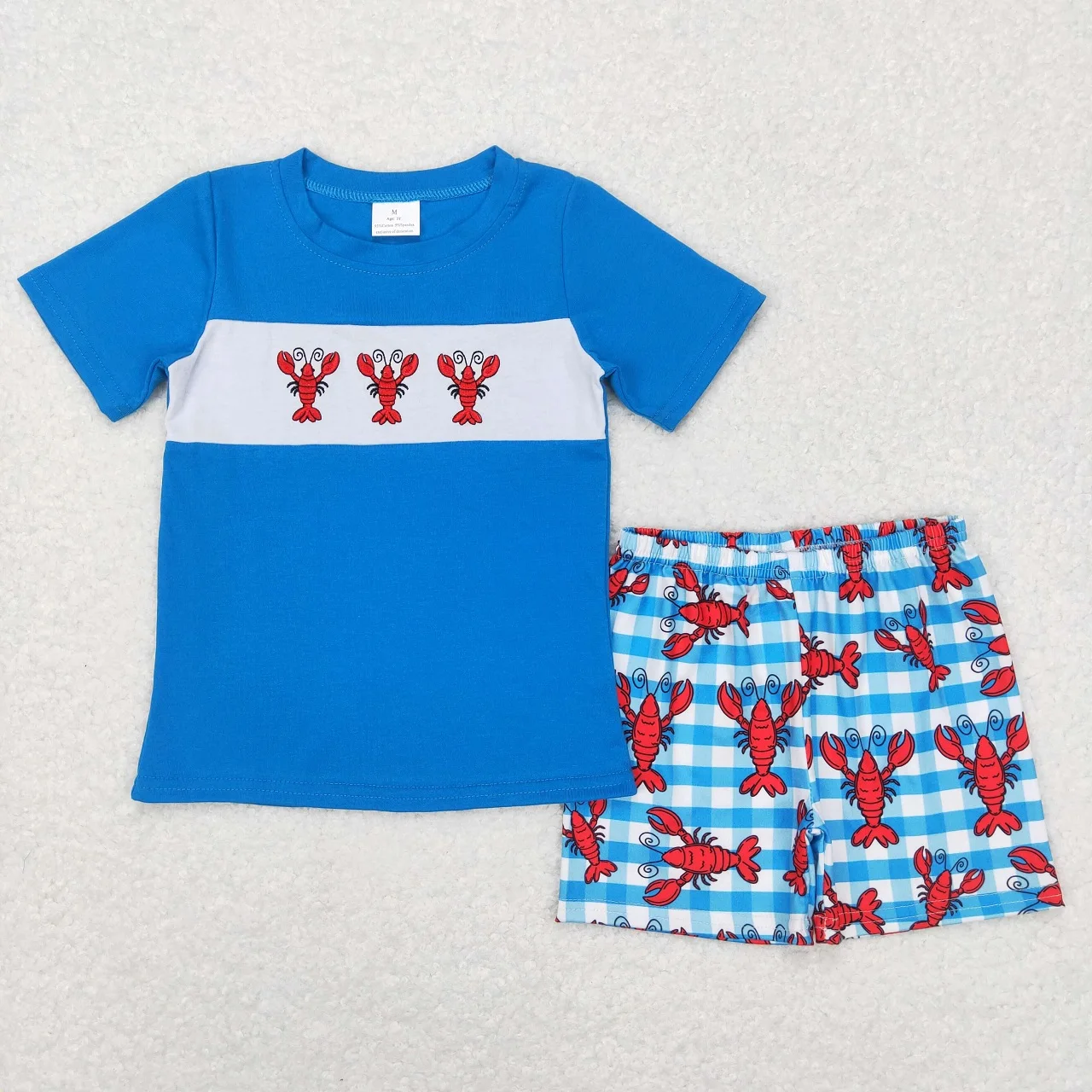 

Wholesale Baby Boy Embroidery Set Children Summer Blue Short Sleeve Cotton Crawfish Shirt Tops Toddler Shorts Kid Infant Outfit