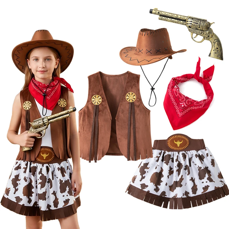 Kids Western Cowboy Costume Set Boys Girls Cow Print Fringe Vest Skirt Pants Outfit with Hat Bandana for Halloween Cosplay