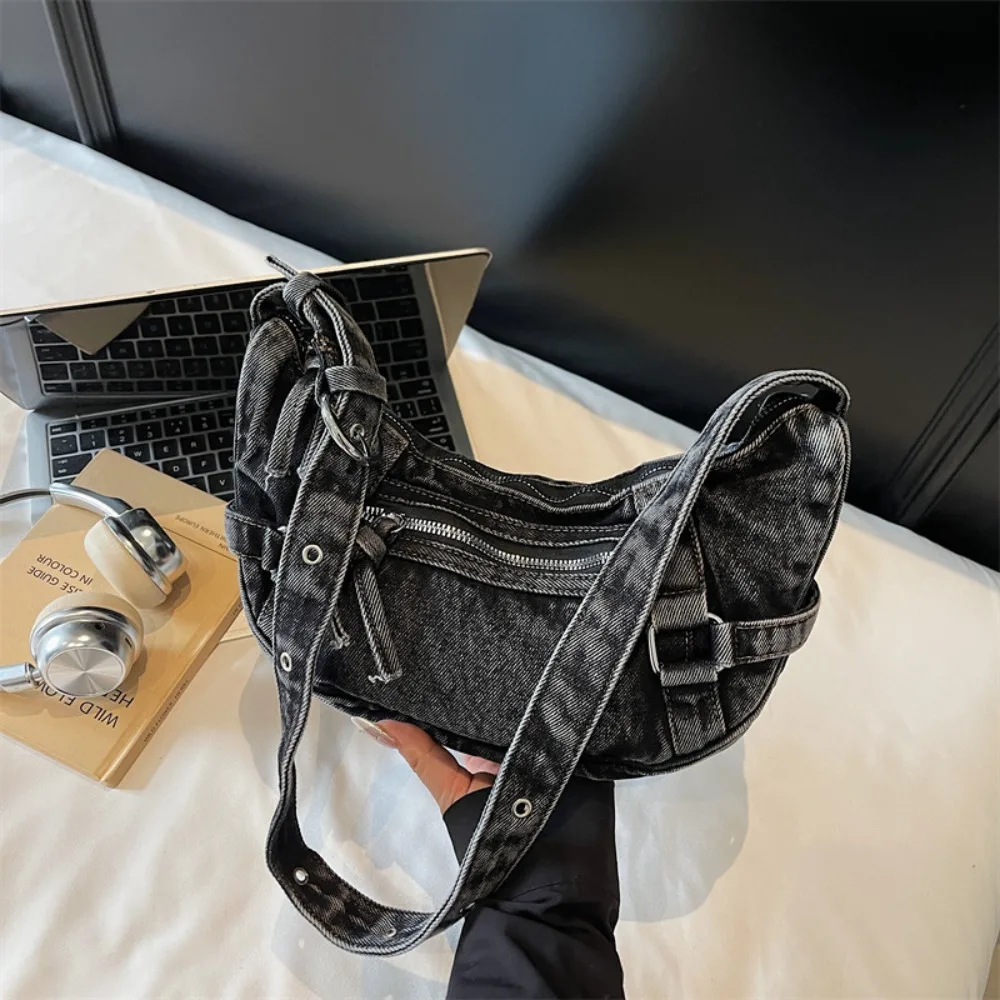

Temperament American Style Canvas Dumpling Bag Retro Harajuku Casual Tote Bag Zipper Adjustable Strap Denim Crossbody Bag Lady