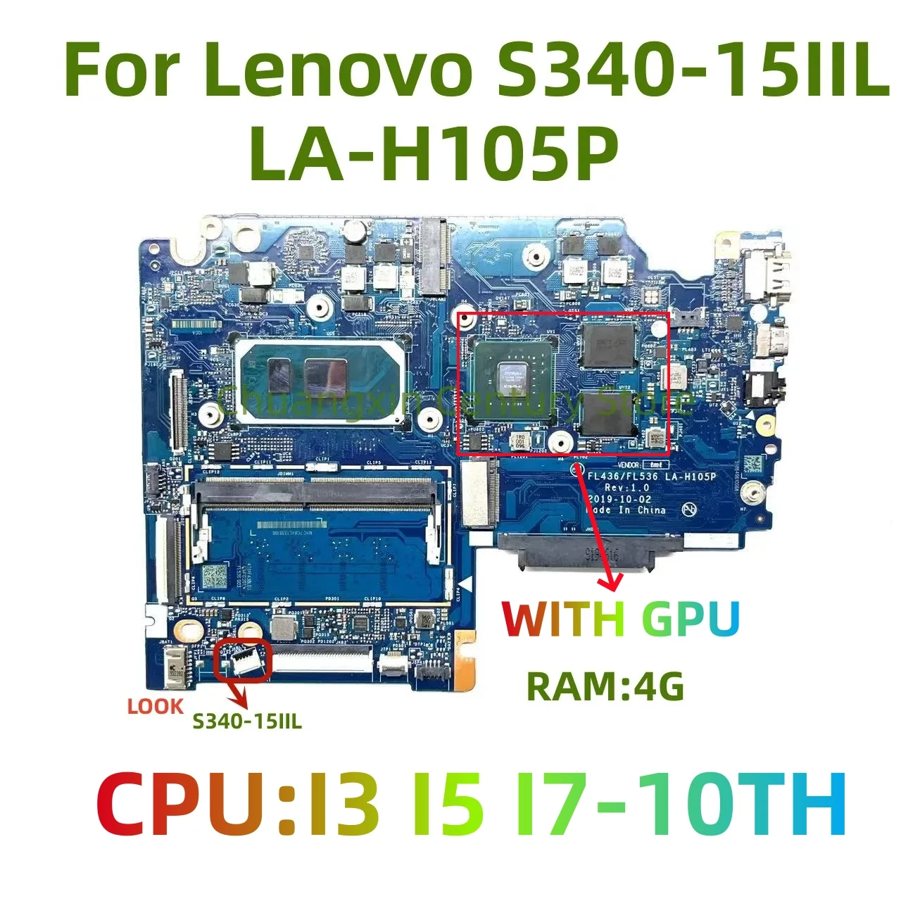 LA-H105P Is Suitable for Lenovo Notebook Computer S340-14IIL/15IIL Motherboard CPU:I3 I5 I7-10TH GPU 2G RAM: 4G 100% Test OK