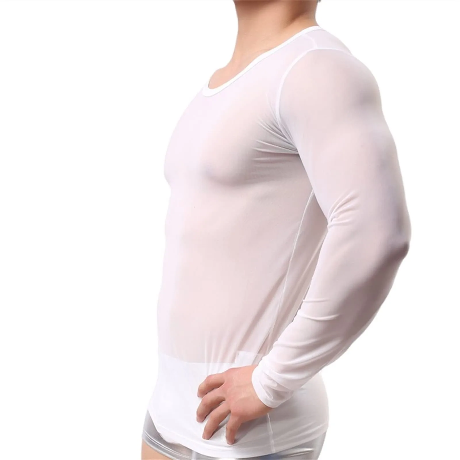 Mens Undershirt Gay clothing Nylon Mesh Shirt See Through Sheer Long Sleeves T Shirts Sexy transparent shirt Underwear