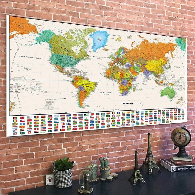 Mapa del mundo de 150x100cm, cuadro decorativo colgante, pintura, póster artístico de pared, tela no tejida, suministros educativos para niños