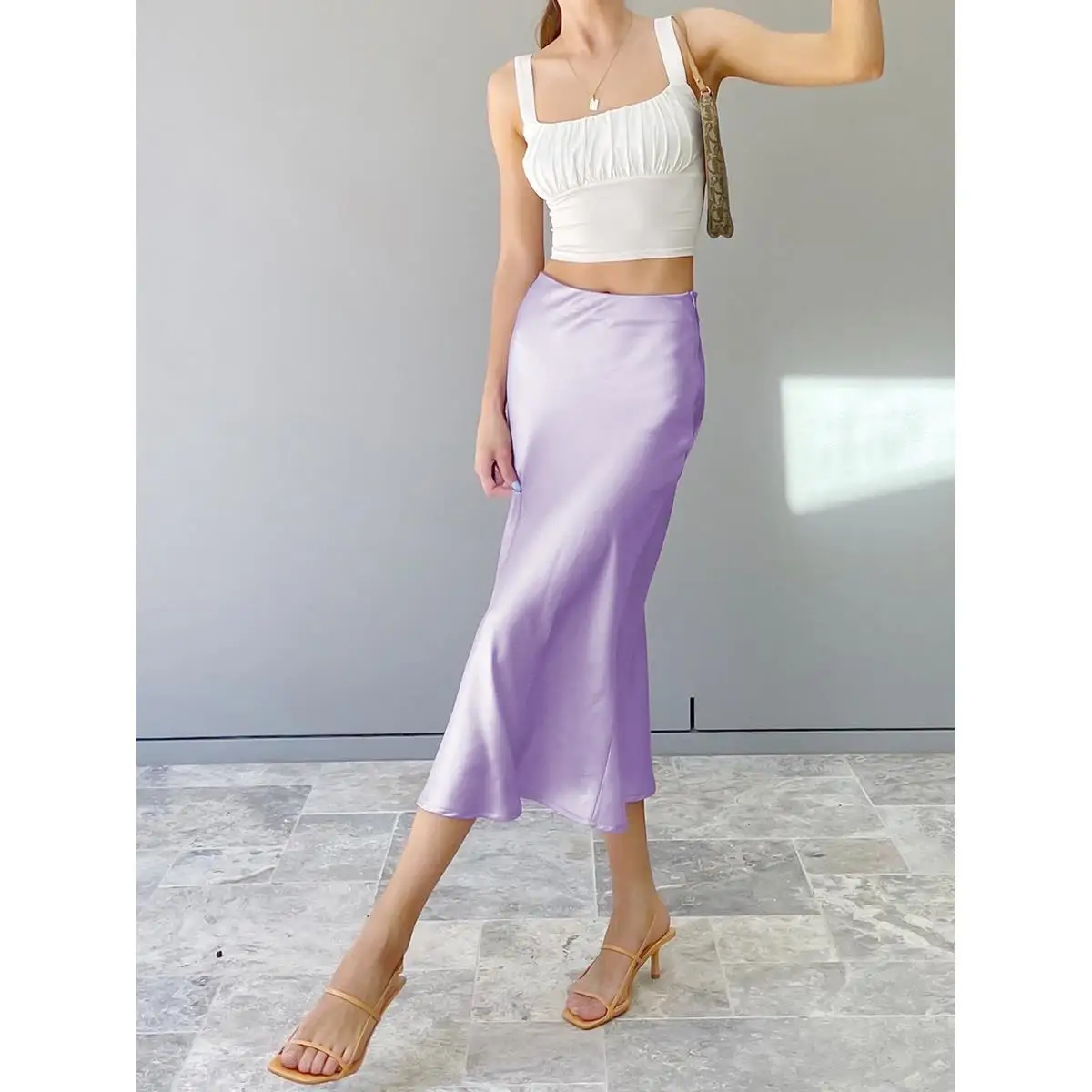 

Фиолетовая атласная облегающая юбка с высокой талией, женская одежда для поездок на работу, юбка трапециевидной формы средней длины из Thiened из полиэфирного волокна